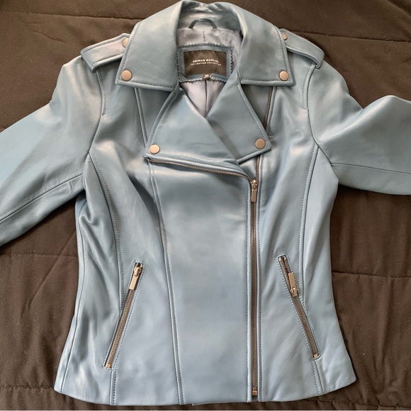 Neiman Marcus The Leather Collection Blue Leather Jacket XS worn once like New - Picture 1 of 16